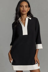 English Factory Long-Sleeve Collared Shift Mini Dress In Black - 42% Off