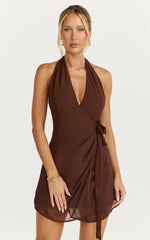 Eva Mini Dress - Plunge Halter Wrap Dress in Chocolate
