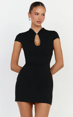 Briony Mini Dress - High Neck Front Key Hole Fitted Dress in Black