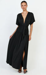 Liana Maxi Dress - Wide Sleeve Tie Waist Maxi Dress in Black