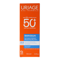 Uriage Bariesun silky lotion SPF50 sun protection lotion in 100ml bottle, smooth texture and lightweight formula.
