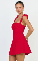 Inez Mini Dress - Gathered Bust A Line Shoulder Tie Dress in Red
