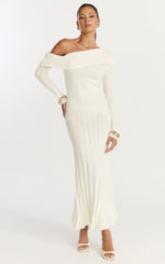 Elaine Midi Dress - Knit Off Shoulder Asymmetric Panel Dress in Cream