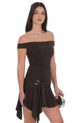 Embellished Off Shoulder Flare Dress in Brown