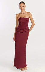 Phoebe Maxi Dress - Strapless Structured Bodice Drape Skirt Dress in Wine