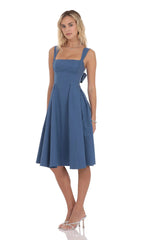 Square Neck Flare Midi Dress in Denim Blue