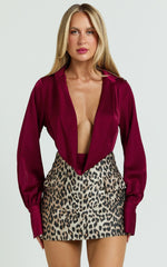 Zephyr Bodysuit - Plunge Neck Cowl Bodysuit in Wine