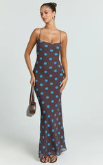 Krishna Maxi Dress - Strappy Scoop Neck Floral Placement Print Georgette Dress in Polka Dot Print