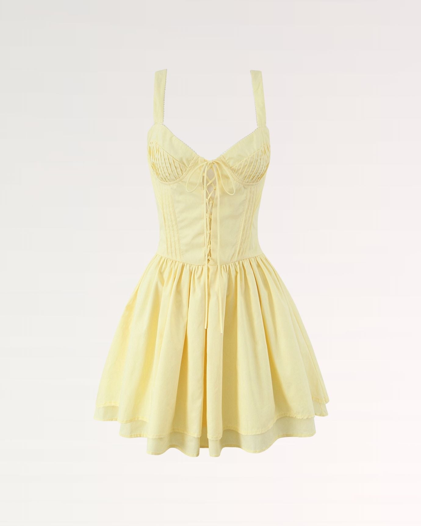 Bright yellow mini dress with adjustable suspender straps, preppy feminine style dress