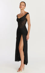 Demetria Maxi Dress - Mesh Bodycon Dress in Black
