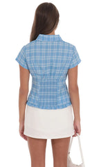 Plaid Button-Up Ruffle Top in Blue