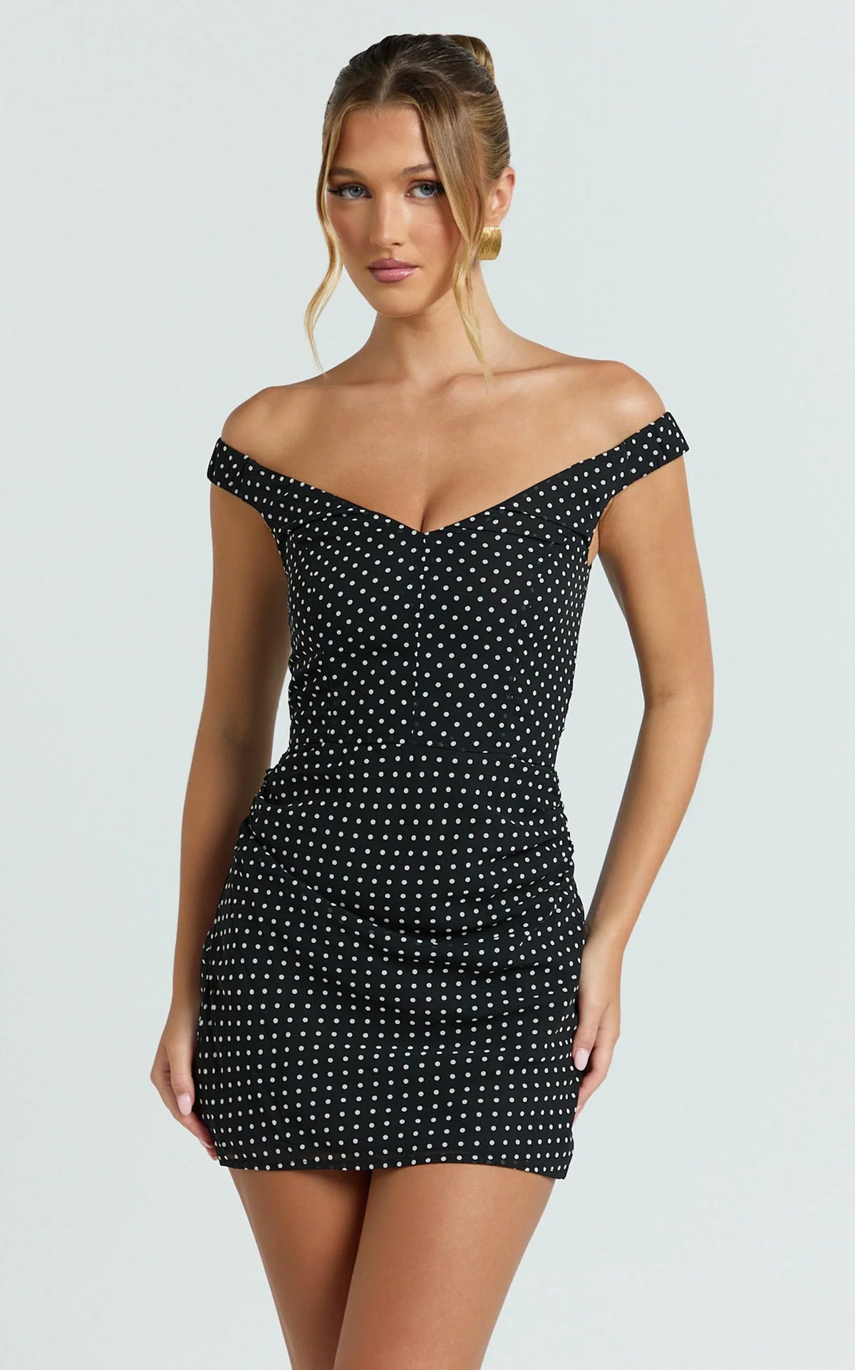 Charlie Mini Dress - Polka Dot Off Shoulder Gathered Dress in polkadot