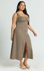 Cameron Midi Dress - Button Front Tie Back Dress in Mocha