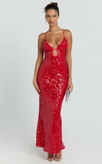 Finn Maxi Dress - Plunge Neck Sheer Sequin Slip Dress in Red
