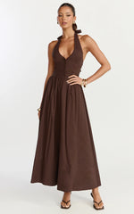 Everly Midi Dress - Tie Halter Neck Button Down Bodice Fit And Flare Dress in Chocolate