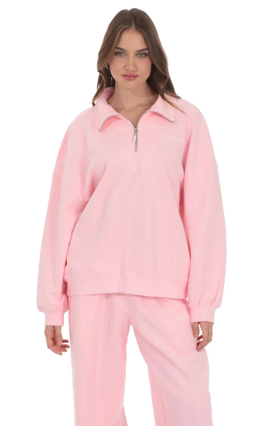 Quarter Zip-Up Jumper in Pink