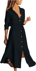 FZYLQY Women's Long Sleeve Button Down Tunic Dresses Casual Loose Maxi Dresses Notched Lapel A-Line Safari Shirt Dress