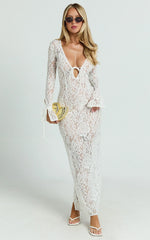 Paula Midi Dress - Lace V Neck Long Sleeve Column Dress in White