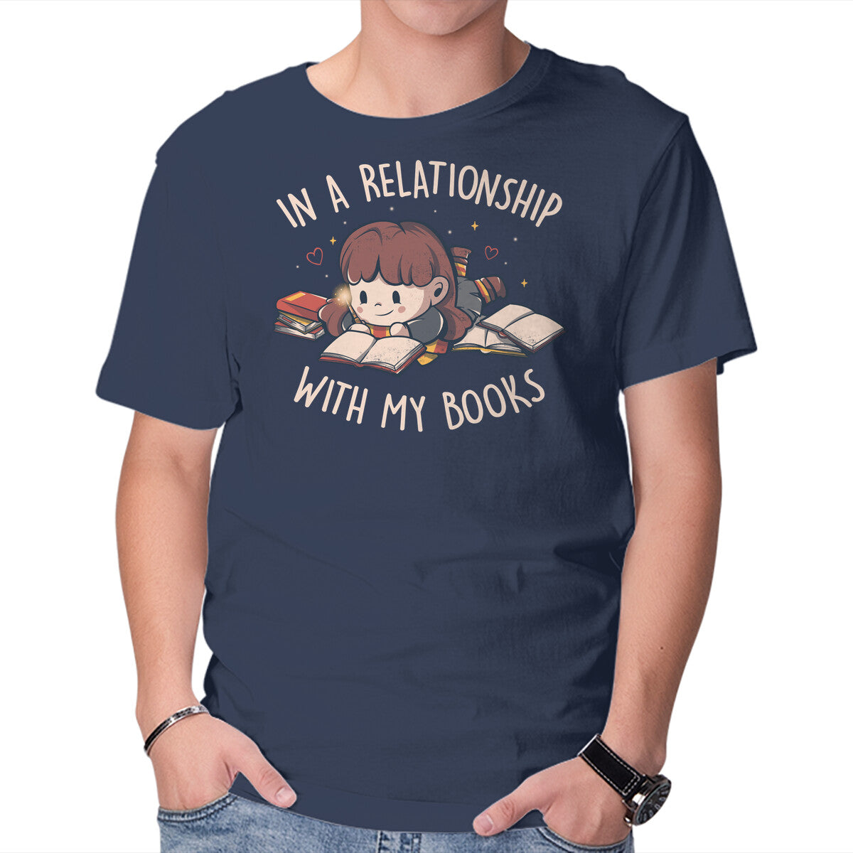 In A Relationship With My Books-mens basic tee-eduely