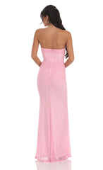 Mesh Strapless Corset Maxi Dress in Pink