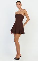 Kalliste Mini Dress - Strapless Godet Pleat Fit And Flare Dress in Chocolate