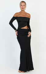 Tallulah Maxi Dress - Off Shoulder Long Sleeve Side Ruched Cut Out Dress in Black