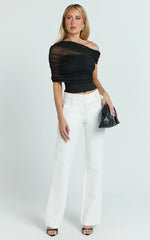 Sophia Top - Draped One Shoulder Mesh Overlay Top in Black