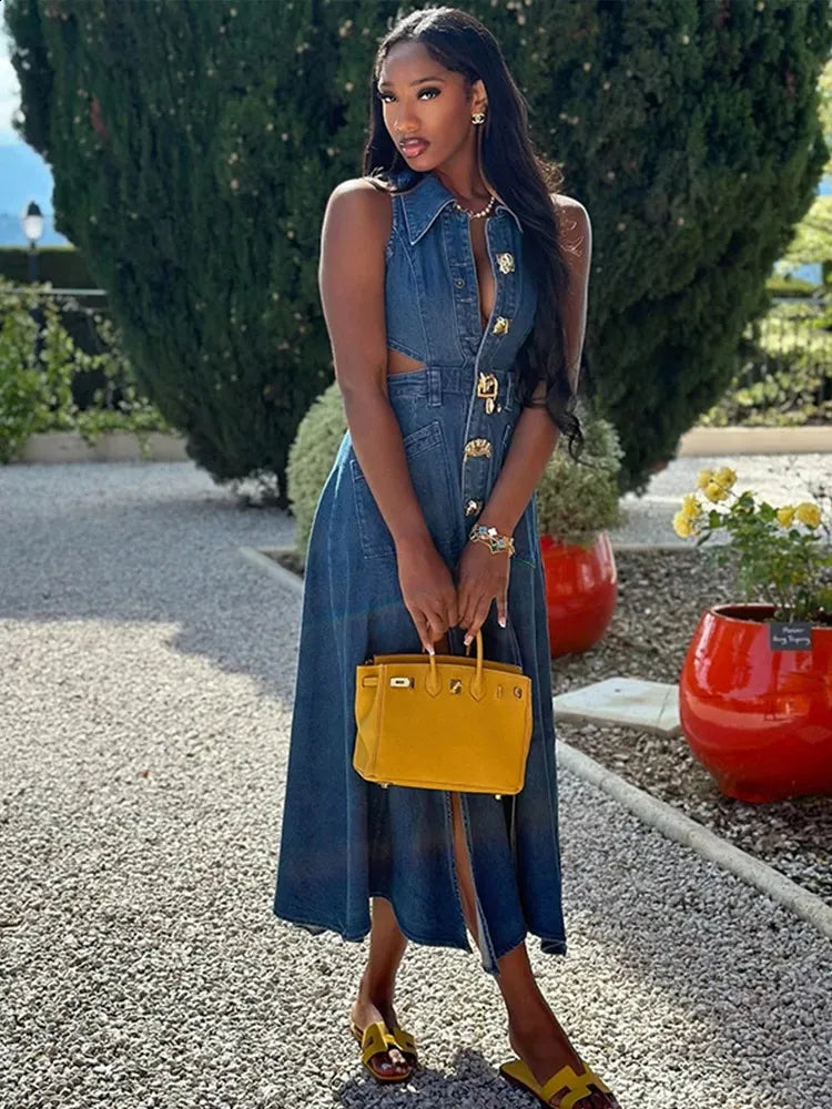 Summer Chic: Sleeveless V-Neck Denim dress with High Waist, Split Hem, Turn-Down Collar, and Hollow Out for Women