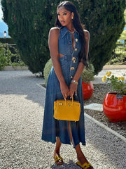Summer Chic: Sleeveless V-Neck Denim dress with High Waist, Split Hem, Turn-Down Collar, and Hollow Out for Women