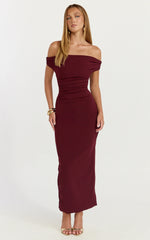 Lena Midi Dress - Off Shoulder Ruched Bodycon Dress in Wine
