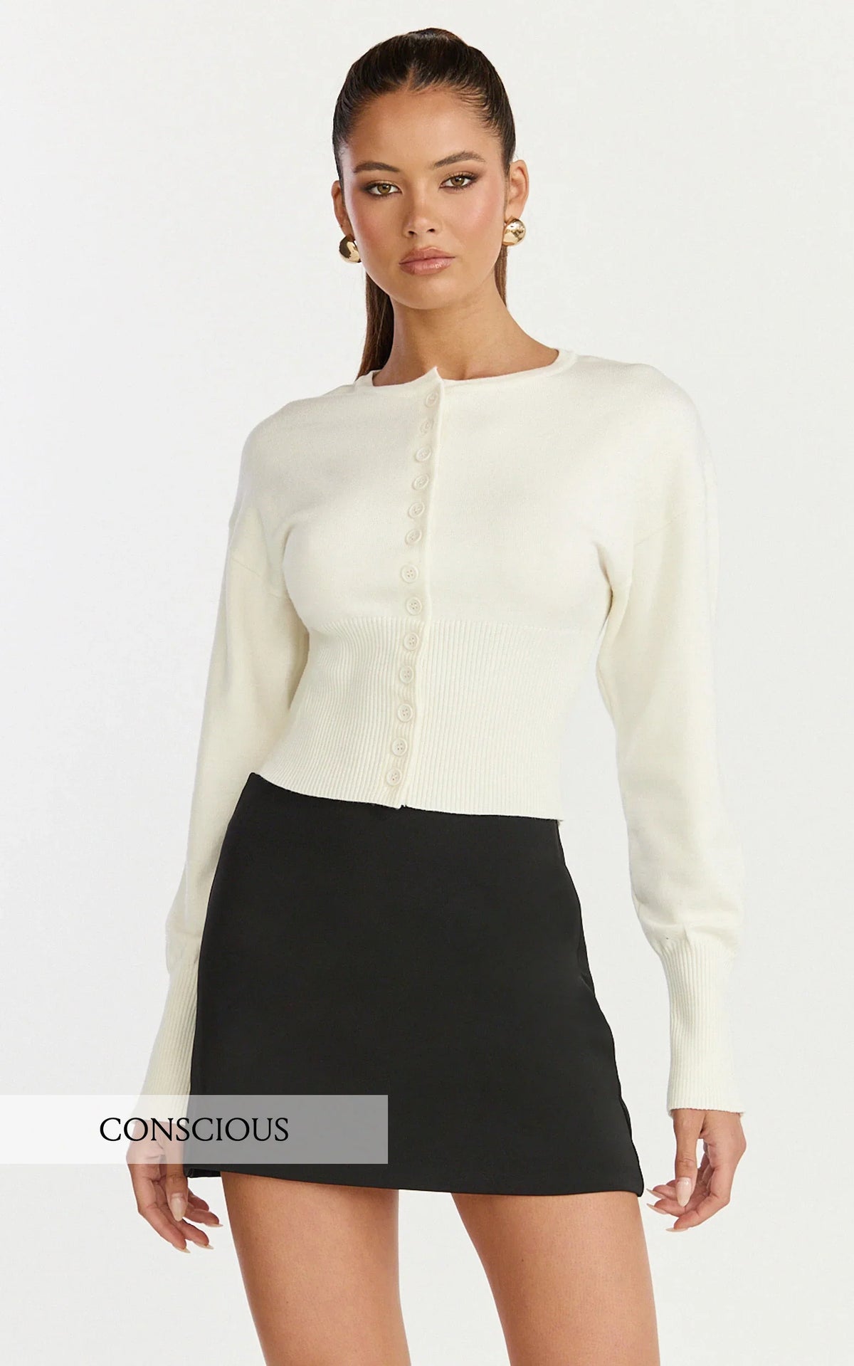 Ramsey Cardigan - Recycled Contoured Waist Button Down Cardigan in Ivory