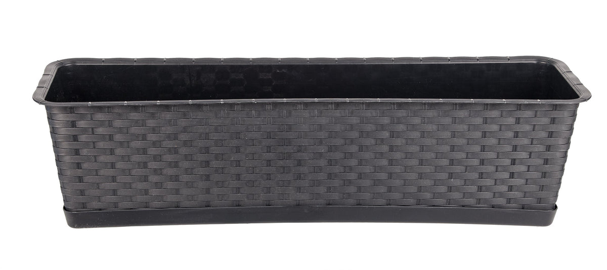 Blumenkasten mit Untersetzer 60 cm lang Rattan-Optik anthrazit - aus PP-Kunststoff
