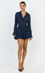 Valerie Mini Dress - Collared Long Sleeve Waist Shirt Dress in Navy
