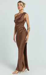 Laurie Maxi Dress - One Shoulder Tie Detail Dress in Chocolate