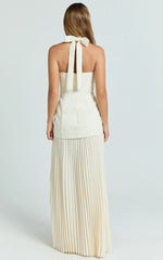 Loretta Maxi Dress - Contrast Halter Neck Pleated Dress in Pastel Yellow