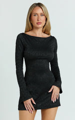 Winnie Mini Dress - Boat Neck Flute Sleeve Dress in Black