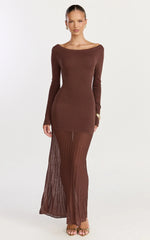 Delphine Maxi Dress - Long Sleeve Knit Sheer Pleated Skirt Maxi Dress in Chocolate