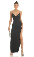 Crepe Rhinestone Corset Maxi Dress in Black