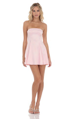 Strapless Satin Fit and Flare Dress in Pink