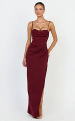 Zinnia Maxi Dress - Gathered Bust Side Split Dress in Wine