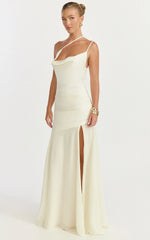 Flynn Maxi Dress - Asymmetric Neck Sheer Skirt Dress in Ivory