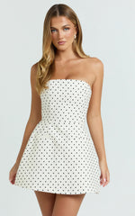 Benson Playsuit - Strapless Fit and Flare Playsuit in White Polka Dot