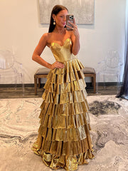 Gorgeous Gold A-line Sweetheart Satin Long Dresses, FC7047