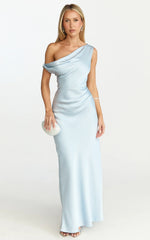Lira Maxi Dress - One Shoulder Satin Dress in Pale Blue