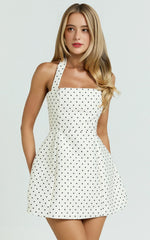 Dante Mini Dress – White Polkadot Halter Tie Flare Dress