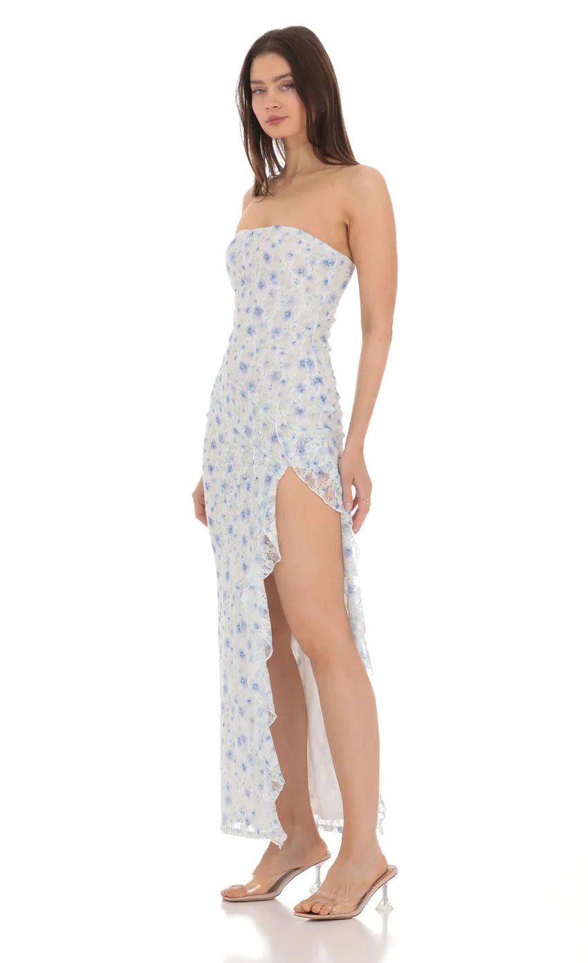 Strapless Floral Lace Ruffle Slit Dress in Pastel Blue