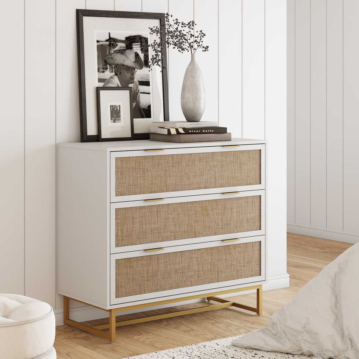 Rattan, Wood & Metal 3 - Drawer Dresser White - Nathan James
