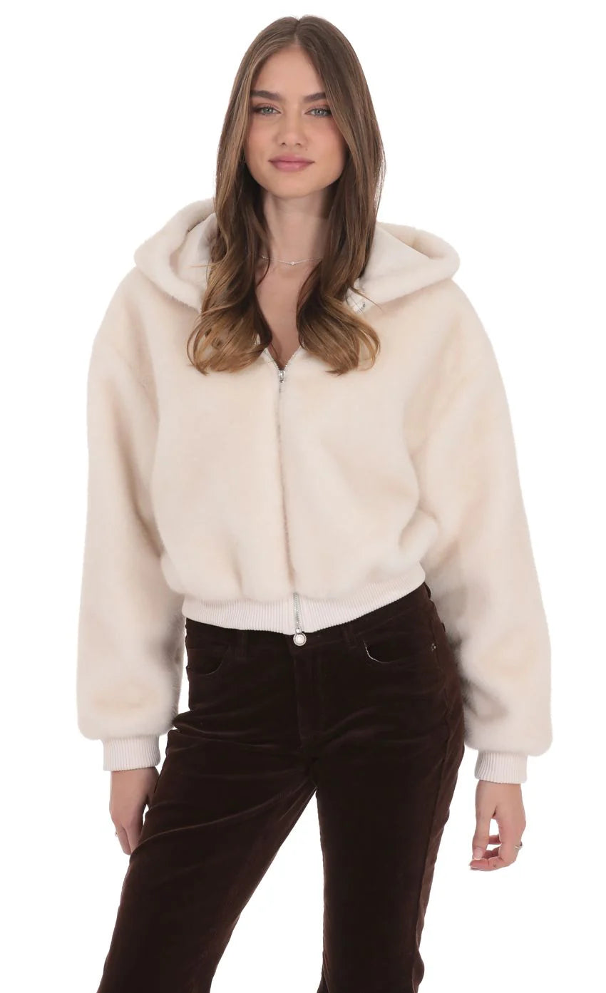 Fuzzy Zip-Up Hoodie in Ivory