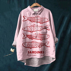 Comstylish Women's Cute Pink Sardines Print Casual Cotton And Linen Shirt