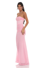 Mesh Strapless Corset Maxi Dress in Pink